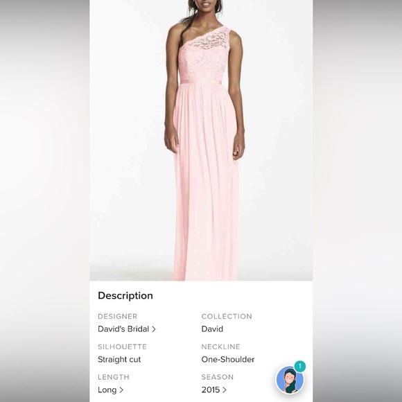 David’s Bridal one shoulder long bridesmaid dress. - Picture 4 of 5